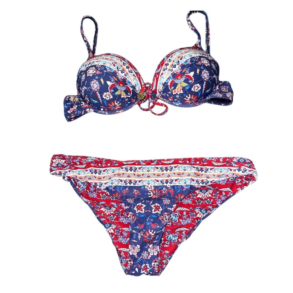 Azura Australia Push Up Bikini in Navy Blue, Deep Red Floral / Paisley Print